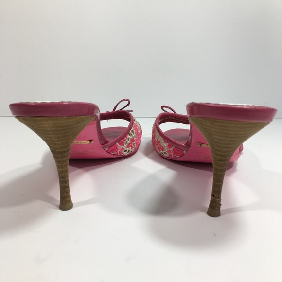 🎀 Betsey Johnson Pinup Bow Pink Lace Sandal Heels - Picture 6 of 8